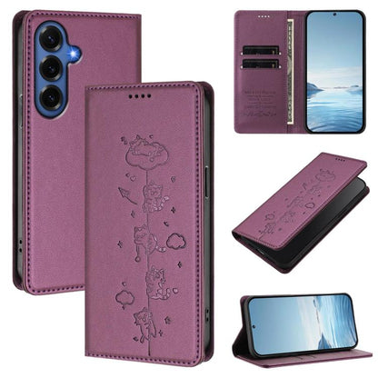 Cute Cats Embossed Magnetic RFID Vegan Leather Phone Case, For Galaxy S26 FE 5G, For Samsung Galaxy S26+ 5G, For Samsung Galaxy S26 Edge 5G, For Samsung Galaxy S26 Ultra 5G