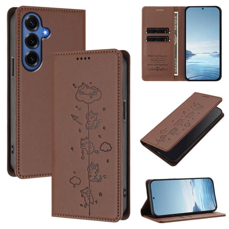 Cute Cats Embossed Magnetic RFID Vegan Leather Phone Case, For Galaxy S26 FE 5G, For Samsung Galaxy S26+ 5G, For Samsung Galaxy S26 Edge 5G, For Samsung Galaxy S26 Ultra 5G