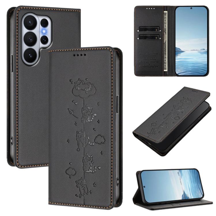 Cute Cats Embossed Magnetic RFID Vegan Leather Phone Case, For Galaxy S26 FE 5G, For Samsung Galaxy S26+ 5G, For Samsung Galaxy S26 Edge 5G, For Samsung Galaxy S26 Ultra 5G