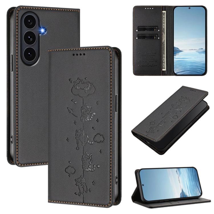 Cute Cats Embossed Magnetic RFID Vegan Leather Phone Case, For Samsung Galaxy S26 5G, For Samsung Galaxy S25 FE 5G, For Samsung Galaxy S25 Edge 5G, For Samsung Galaxy S25 / S24 5G