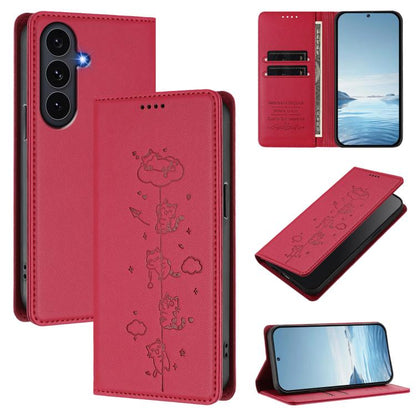 Cute Cats Embossed Magnetic RFID Vegan Leather Phone Case, For Samsung Galaxy S26 5G, For Samsung Galaxy S25 FE 5G, For Samsung Galaxy S25 Edge 5G, For Samsung Galaxy S25 / S24 5G