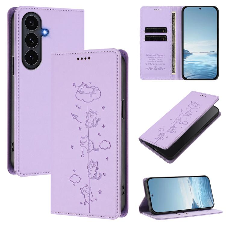 Cute Cats Embossed Magnetic RFID Vegan Leather Phone Case, For Samsung Galaxy S26 5G, For Samsung Galaxy S25 FE 5G, For Samsung Galaxy S25 Edge 5G, For Samsung Galaxy S25 / S24 5G