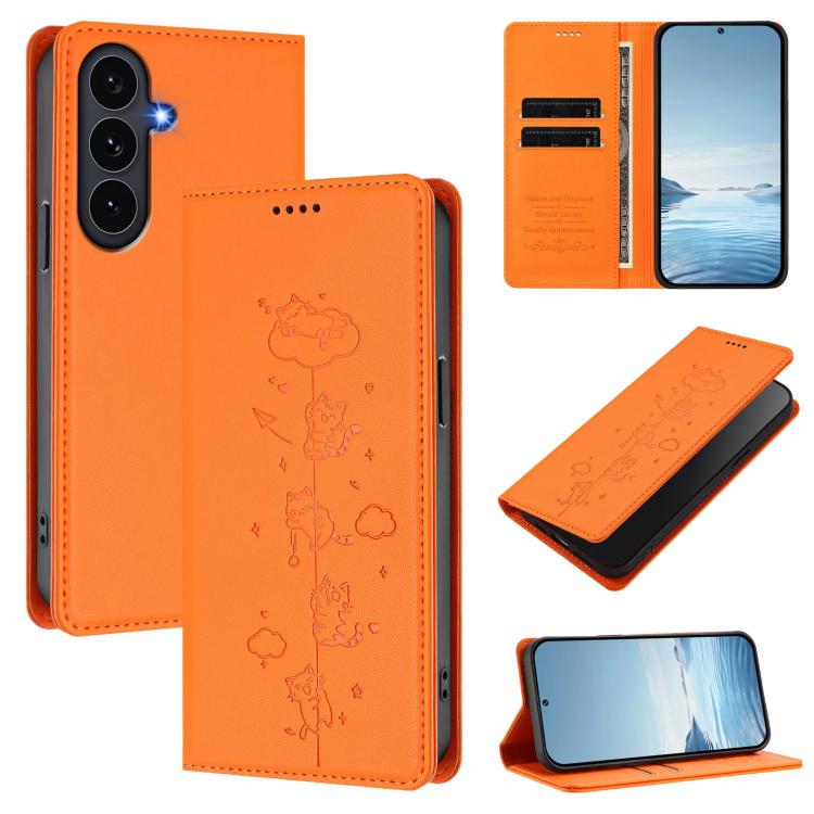 Cute Cats Embossed Magnetic RFID Vegan Leather Phone Case, For Galaxy S26 FE 5G, For Samsung Galaxy S26+ 5G, For Samsung Galaxy S26 Edge 5G, For Samsung Galaxy S26 Ultra 5G