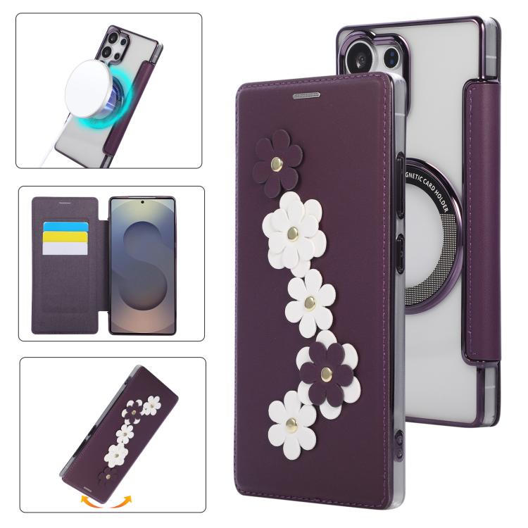 Floral Magnetic Electroplated Card Holder Vegan Leather Phone Case, For Samsung Galaxy S25 / S24 5G, For Samsung Galaxy S25+ / S24+ 5G, For Samsung Galaxy S25 Ultra 5G, For Samsung Galaxy S24 Ultra 5G, For Samsung Galaxy S23 Ultra 5G                   ...