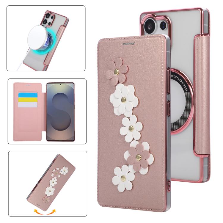 Floral Magnetic Electroplated Card Holder Vegan Leather Phone Case, For Samsung Galaxy S25 / S24 5G, For Samsung Galaxy S25+ / S24+ 5G, For Samsung Galaxy S25 Ultra 5G, For Samsung Galaxy S24 Ultra 5G, For Samsung Galaxy S23 Ultra 5G                   ...