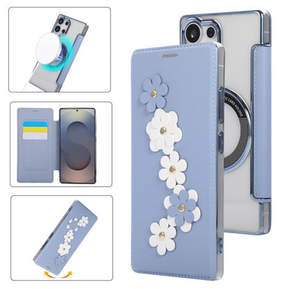 Floral Magnetic Electroplated Card Holder Vegan Leather Phone Case, For Samsung Galaxy S25 / S24 5G, For Samsung Galaxy S25+ / S24+ 5G, For Samsung Galaxy S25 Ultra 5G, For Samsung Galaxy S24 Ultra 5G, For Samsung Galaxy S23 Ultra 5G                   ...