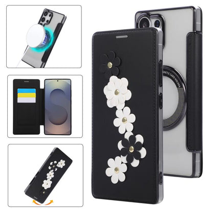 Floral Magnetic Electroplated Card Holder Vegan Leather Phone Case, For Samsung Galaxy S25 / S24 5G, For Samsung Galaxy S25+ / S24+ 5G, For Samsung Galaxy S25 Ultra 5G, For Samsung Galaxy S24 Ultra 5G, For Samsung Galaxy S23 Ultra 5G                   ...