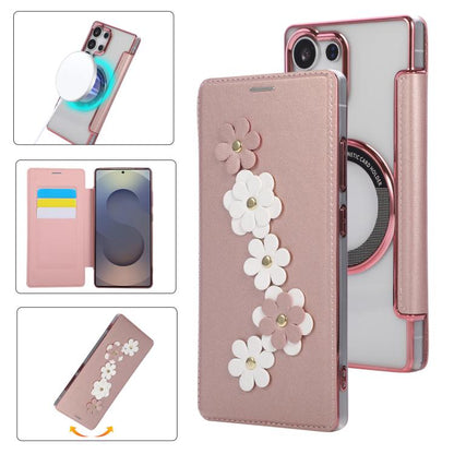 Floral Magnetic Electroplated Card Holder Vegan Leather Phone Case, For Samsung Galaxy S25 / S24 5G, For Samsung Galaxy S25+ / S24+ 5G, For Samsung Galaxy S25 Ultra 5G, For Samsung Galaxy S24 Ultra 5G, For Samsung Galaxy S23 Ultra 5G                   ...