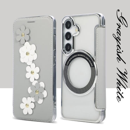 Floral Magnetic Electroplated Card Holder Vegan Leather Phone Case, For Samsung Galaxy S25 / S24 5G, For Samsung Galaxy S25+ / S24+ 5G, For Samsung Galaxy S25 Ultra 5G, For Samsung Galaxy S24 Ultra 5G, For Samsung Galaxy S23 Ultra 5G                   ...