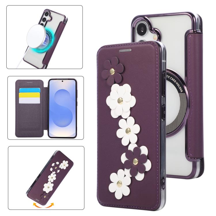 Floral Magnetic Electroplated Card Holder Vegan Leather Phone Case, For Samsung Galaxy S25 / S24 5G, For Samsung Galaxy S25+ / S24+ 5G, For Samsung Galaxy S25 Ultra 5G, For Samsung Galaxy S24 Ultra 5G, For Samsung Galaxy S23 Ultra 5G                   ...