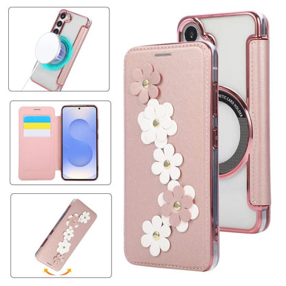 Floral Magnetic Electroplated Card Holder Vegan Leather Phone Case, For Samsung Galaxy S25 / S24 5G, For Samsung Galaxy S25+ / S24+ 5G, For Samsung Galaxy S25 Ultra 5G, For Samsung Galaxy S24 Ultra 5G, For Samsung Galaxy S23 Ultra 5G                   ...