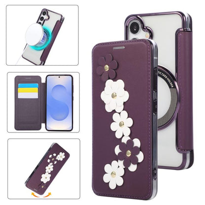 Floral Magnetic Electroplated Card Holder Vegan Leather Phone Case, For Samsung Galaxy S25 / S24 5G, For Samsung Galaxy S25+ / S24+ 5G, For Samsung Galaxy S25 Ultra 5G, For Samsung Galaxy S24 Ultra 5G, For Samsung Galaxy S23 Ultra 5G                   ...