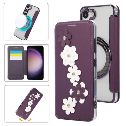 Floral Magnetic Electroplated Card Holder Vegan Leather Phone Case, For Samsung Galaxy S25 / S24 5G, For Samsung Galaxy S25+ / S24+ 5G, For Samsung Galaxy S25 Ultra 5G, For Samsung Galaxy S24 Ultra 5G, For Samsung Galaxy S23 Ultra 5G                   ...
