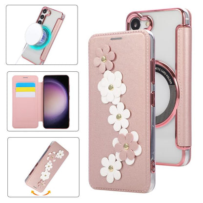 Floral Magnetic Electroplated Card Holder Vegan Leather Phone Case, For Samsung Galaxy S25 / S24 5G, For Samsung Galaxy S25+ / S24+ 5G, For Samsung Galaxy S25 Ultra 5G, For Samsung Galaxy S24 Ultra 5G, For Samsung Galaxy S23 Ultra 5G                   ...