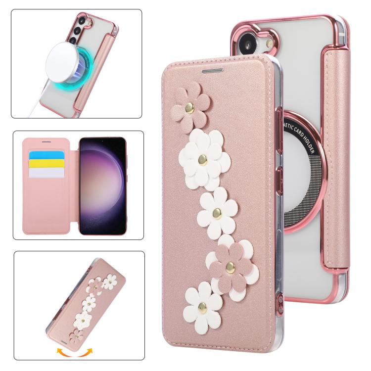 Floral Magnetic Electroplated Card Holder Vegan Leather Phone Case, For Samsung Galaxy S25 / S24 5G, For Samsung Galaxy S25+ / S24+ 5G, For Samsung Galaxy S25 Ultra 5G, For Samsung Galaxy S24 Ultra 5G, For Samsung Galaxy S23 Ultra 5G                   ...