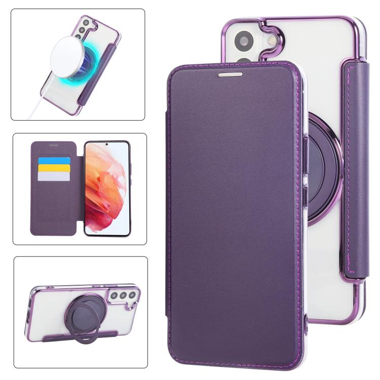 Ultra-thin Rotation Holder Magnetic Plating Vegan Leather Phone Case, For Samsung Galaxy S23 5G, For Samsung Galaxy S22 Ultra 5G, For Samsung Galaxy S22+ 5G, For Samsung Galaxy S22 5G