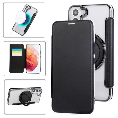 Ultra-thin Rotation Holder Magnetic Plating Vegan Leather Phone Case, For Samsung Galaxy S23 5G, For Samsung Galaxy S22 Ultra 5G, For Samsung Galaxy S22+ 5G, For Samsung Galaxy S22 5G