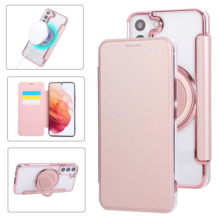 Ultra-thin Rotation Holder Magnetic Plating Vegan Leather Phone Case, For Samsung Galaxy S23 5G, For Samsung Galaxy S22 Ultra 5G, For Samsung Galaxy S22+ 5G, For Samsung Galaxy S22 5G