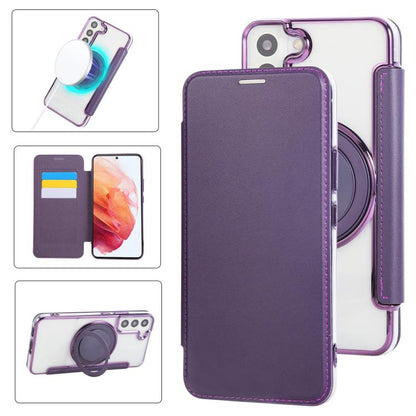 Ultra-thin Rotation Holder Magnetic Plating Vegan Leather Phone Case, For Samsung Galaxy S23 5G, For Samsung Galaxy S22 Ultra 5G, For Samsung Galaxy S22+ 5G, For Samsung Galaxy S22 5G