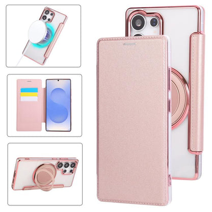 Ultra-thin Rotation Holder Magnetic Plating Vegan Leather Phone Case, For Samsung Galaxy S23 5G, For Samsung Galaxy S22 Ultra 5G, For Samsung Galaxy S22+ 5G, For Samsung Galaxy S22 5G