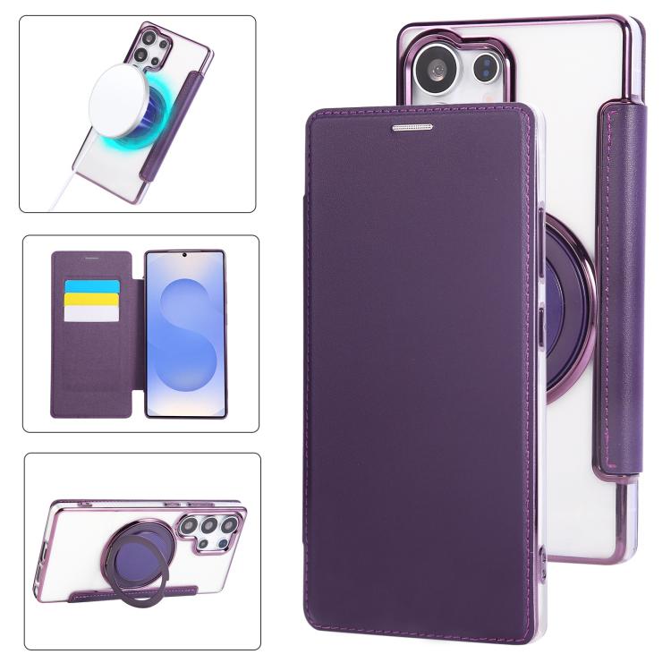 Ultra-thin Rotation Holder Magnetic Plating Vegan Leather Phone Case, For Samsung Galaxy S23 5G, For Samsung Galaxy S22 Ultra 5G, For Samsung Galaxy S22+ 5G, For Samsung Galaxy S22 5G