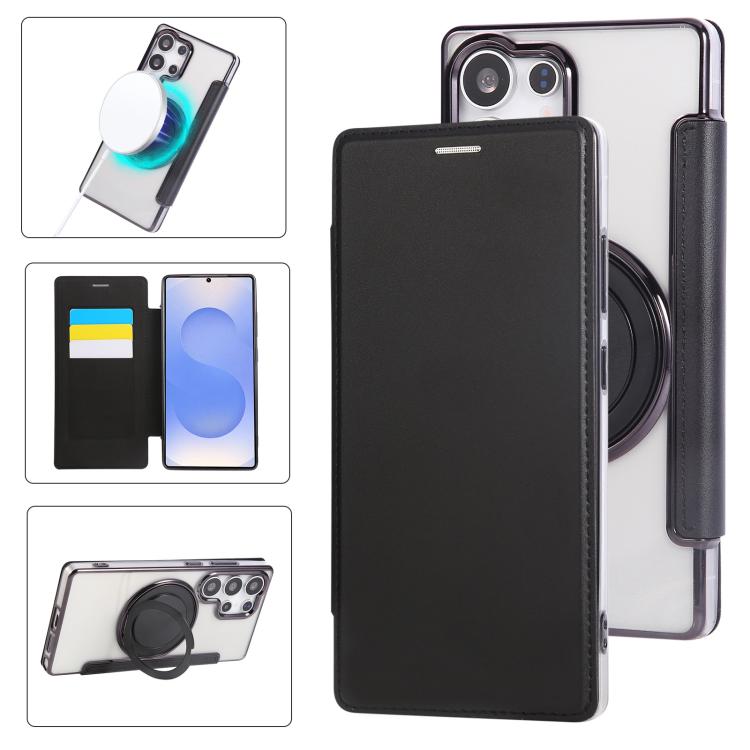 Ultra-thin Rotation Holder Magnetic Plating Vegan Leather Phone Case, For Samsung Galaxy S23 5G, For Samsung Galaxy S22 Ultra 5G, For Samsung Galaxy S22+ 5G, For Samsung Galaxy S22 5G
