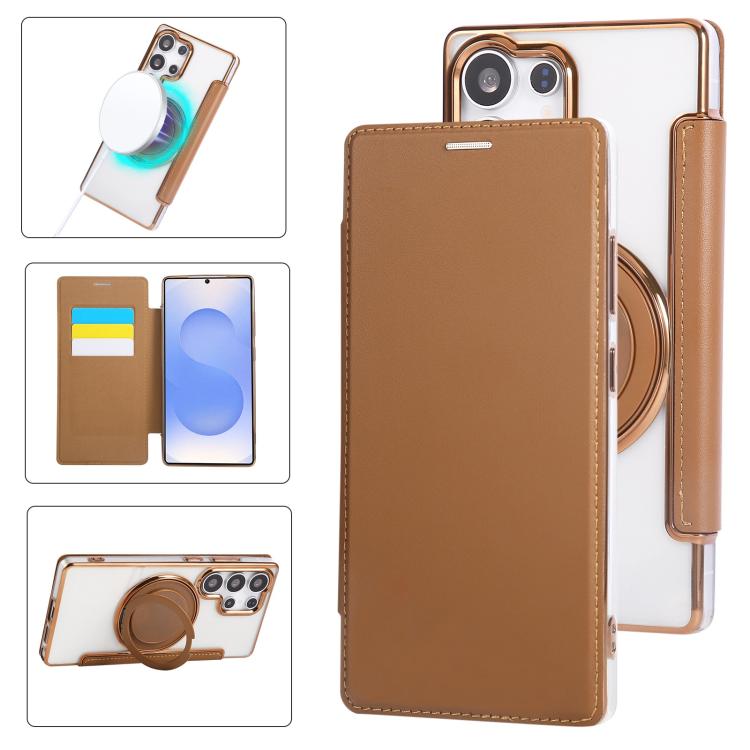Ultra-thin Rotation Holder Magnetic Plating Vegan Leather Phone Case, For Samsung Galaxy S23 5G, For Samsung Galaxy S22 Ultra 5G, For Samsung Galaxy S22+ 5G, For Samsung Galaxy S22 5G