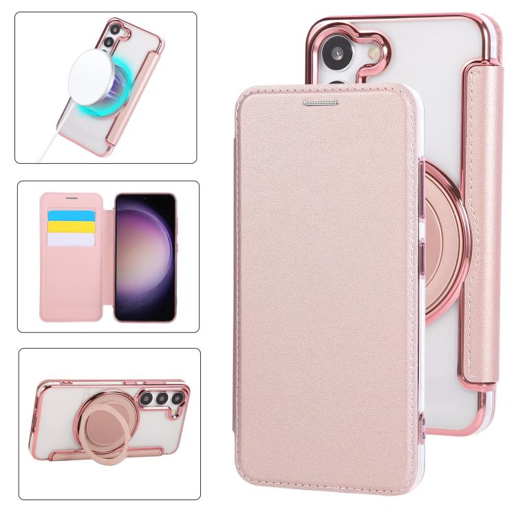 Ultra-thin Rotation Holder Magnetic Plating Vegan Leather Phone Case, For Samsung Galaxy S23 5G, For Samsung Galaxy S22 Ultra 5G, For Samsung Galaxy S22+ 5G, For Samsung Galaxy S22 5G
