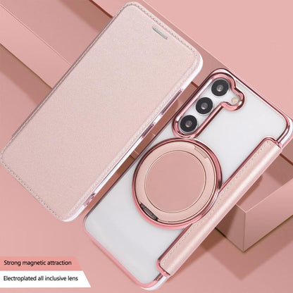 Ultra-thin Rotation Holder Magnetic Plating Vegan Leather Phone Case, For Samsung Galaxy S23 5G, For Samsung Galaxy S22 Ultra 5G, For Samsung Galaxy S22+ 5G, For Samsung Galaxy S22 5G