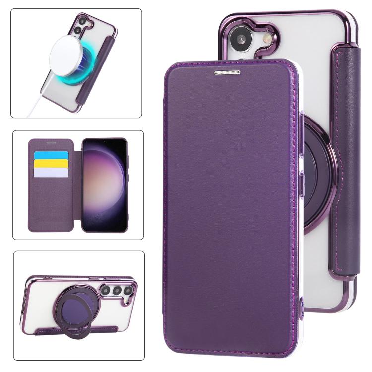 Ultra-thin Rotation Holder Magnetic Plating Vegan Leather Phone Case, For Samsung Galaxy S23 5G, For Samsung Galaxy S22 Ultra 5G, For Samsung Galaxy S22+ 5G, For Samsung Galaxy S22 5G