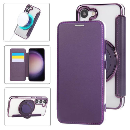 Ultra-thin Rotation Holder Magnetic Plating Vegan Leather Phone Case, For Samsung Galaxy S23 5G, For Samsung Galaxy S22 Ultra 5G, For Samsung Galaxy S22+ 5G, For Samsung Galaxy S22 5G