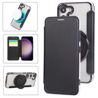 Ultra-thin Rotation Holder Magnetic Plating Vegan Leather Phone Case, For Samsung Galaxy S23 5G, For Samsung Galaxy S22 Ultra 5G, For Samsung Galaxy S22+ 5G, For Samsung Galaxy S22 5G