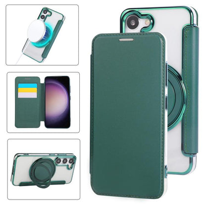 Ultra-thin Rotation Holder Magnetic Plating Vegan Leather Phone Case, For Samsung Galaxy S23 5G, For Samsung Galaxy S22 Ultra 5G, For Samsung Galaxy S22+ 5G, For Samsung Galaxy S22 5G