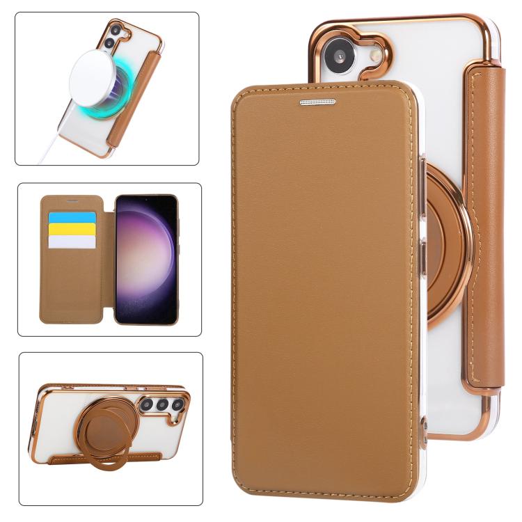 Ultra-thin Rotation Holder Magnetic Plating Vegan Leather Phone Case, For Samsung Galaxy S23 5G, For Samsung Galaxy S22 Ultra 5G, For Samsung Galaxy S22+ 5G, For Samsung Galaxy S22 5G