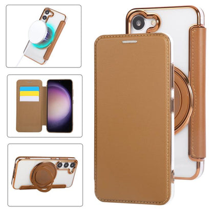 Ultra-thin Rotation Holder Magnetic Plating Vegan Leather Phone Case, For Samsung Galaxy S23 5G, For Samsung Galaxy S22 Ultra 5G, For Samsung Galaxy S22+ 5G, For Samsung Galaxy S22 5G