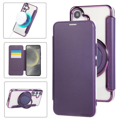 Ultra-thin Rotation Holder Magnetic Plating Vegan Leather Phone Case, For Samsung Galaxy S25 / S24 5G, For Samsung Galaxy S25+ / S24+ 5G, For Samsung Galaxy S25 Ultra 5G, For Samsung Galaxy S24 Ultra 5G, For Samsung Galaxy S23 Ultra 5G                 ...