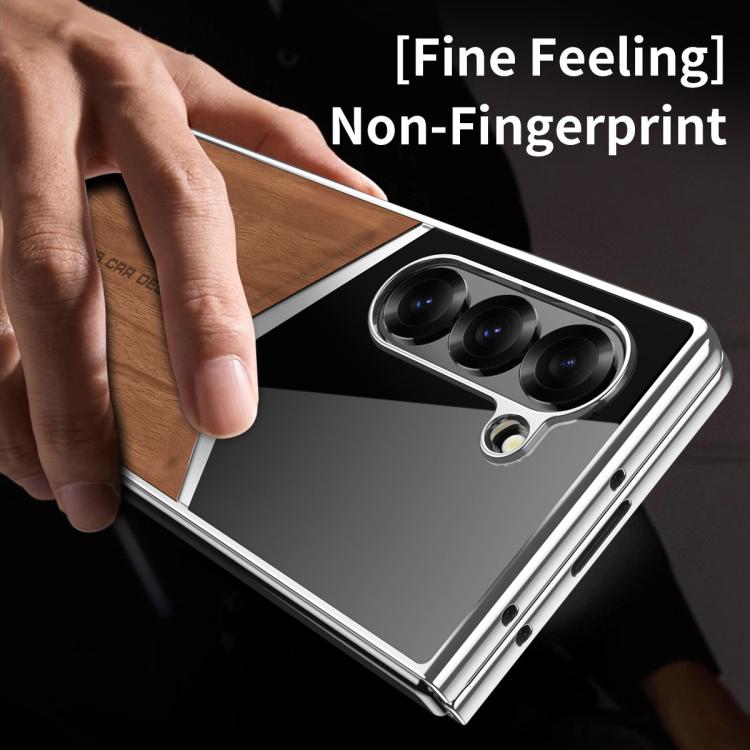 Wood Grain Vegan Leather Contrast Color Phone Case with Sreen Film, For Samsung Galaxy Z Fold7 5G, For Samsung Galaxy Z Fold6 5G, For Samsung Galaxy Z Fold5 5G, For Samsung Galaxy Z Fold4 5G, For Samsung Galaxy Z Fold3 5G