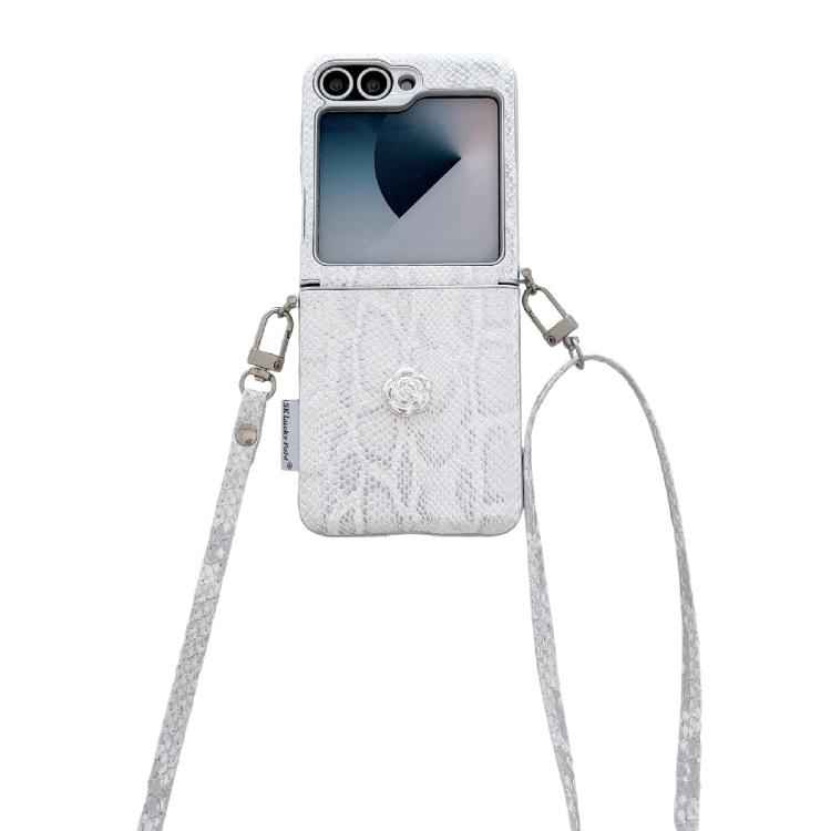 Scale Texture Camellia Phone Case with Crossbody Rope, For Samsung Galaxy Z Flip6/7 FE, For Samsung Galaxy Z Flip7 5G, For Samsung Galaxy Z Flip5