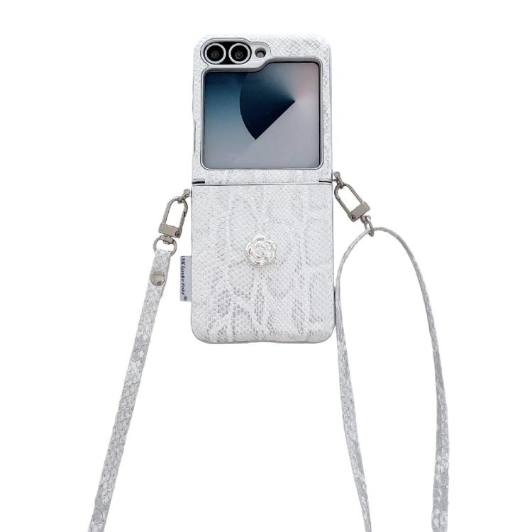 Scale Texture Camellia Phone Case with Crossbody Rope, For Samsung Galaxy Z Flip6/7 FE, For Samsung Galaxy Z Flip7 5G, For Samsung Galaxy Z Flip5