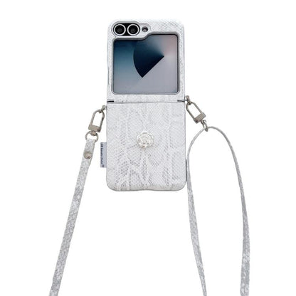 Scale Texture Camellia Phone Case with Crossbody Rope, For Samsung Galaxy Z Flip6/7 FE, For Samsung Galaxy Z Flip7 5G, For Samsung Galaxy Z Flip5