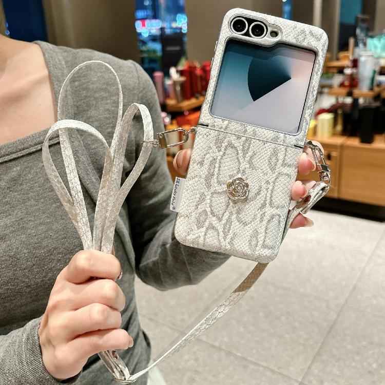 Scale Texture Camellia Phone Case with Crossbody Rope, For Samsung Galaxy Z Flip6/7 FE, For Samsung Galaxy Z Flip7 5G, For Samsung Galaxy Z Flip5
