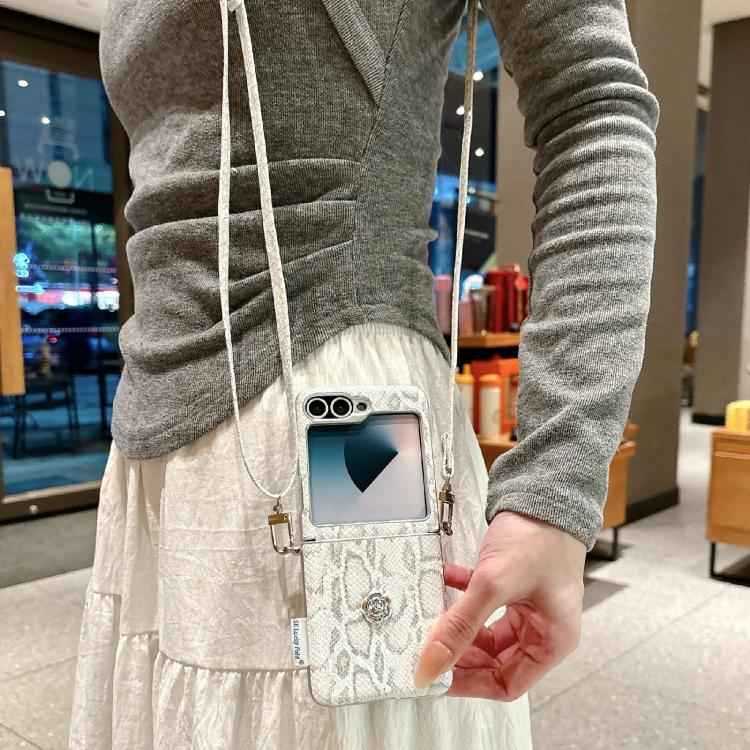 Scale Texture Camellia Phone Case with Crossbody Rope, For Samsung Galaxy Z Flip6/7 FE, For Samsung Galaxy Z Flip7 5G, For Samsung Galaxy Z Flip5