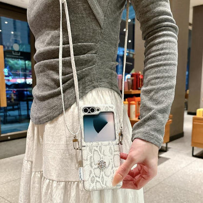 Scale Texture Camellia Phone Case with Crossbody Rope, For Samsung Galaxy Z Flip6/7 FE, For Samsung Galaxy Z Flip7 5G, For Samsung Galaxy Z Flip5