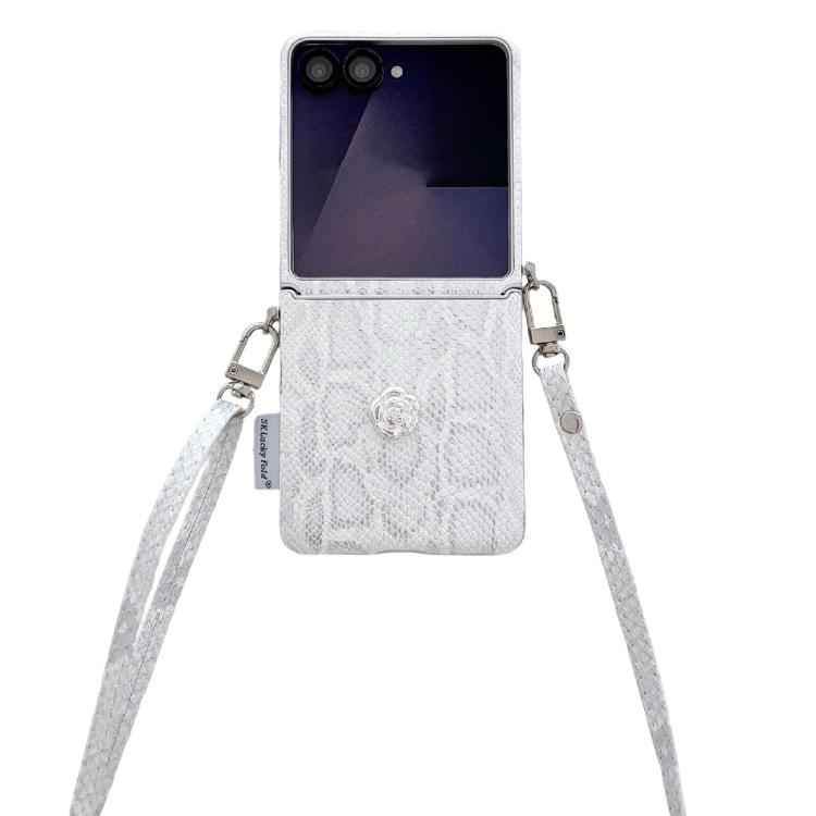 Scale Texture Camellia Phone Case with Crossbody Rope, For Samsung Galaxy Z Flip6/7 FE, For Samsung Galaxy Z Flip7 5G, For Samsung Galaxy Z Flip5