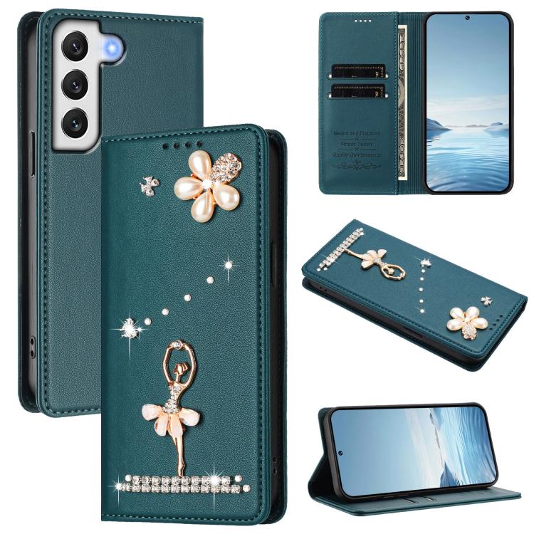 Ballet Girl Diamond Studded RFID Vegan Leather Phone Case, For Samsung Galaxy S23 Ultra 5G, For Samsung Galaxy S23+ 5G, For Samsung Galaxy S23 5G, For Samsung Galaxy S22 Ultra 5G, For Samsung Galaxy S22+ 5G, For Samsung Galaxy S22 5G
