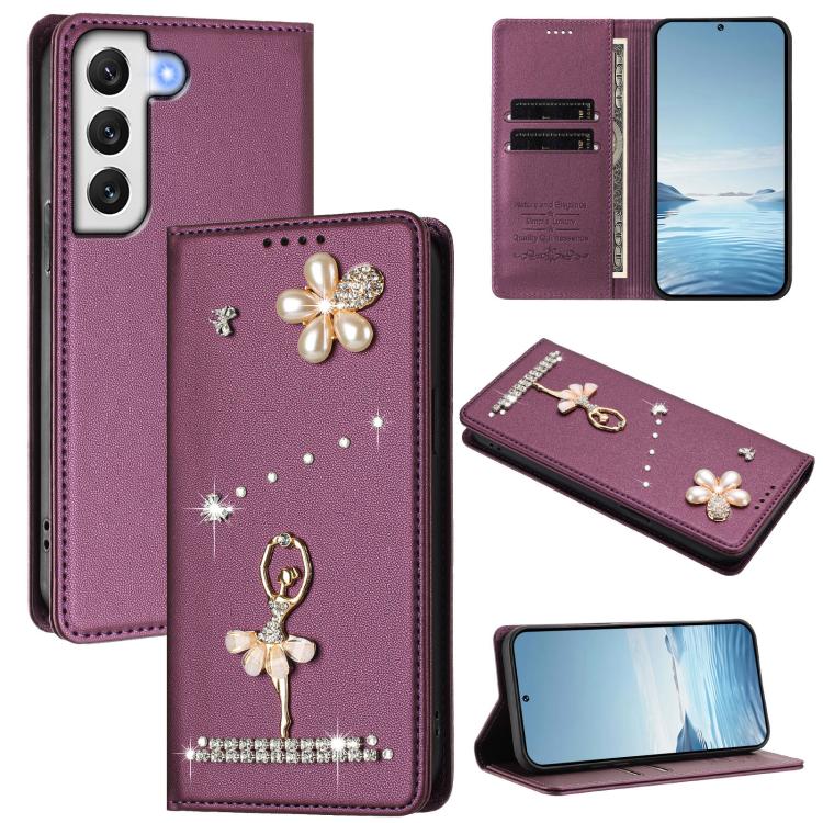 Ballet Girl Diamond Studded RFID Vegan Leather Phone Case, For Samsung Galaxy S23 Ultra 5G, For Samsung Galaxy S23+ 5G, For Samsung Galaxy S23 5G, For Samsung Galaxy S22 Ultra 5G, For Samsung Galaxy S22+ 5G, For Samsung Galaxy S22 5G