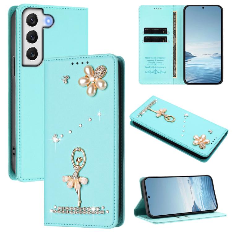 Ballet Girl Diamond Studded RFID Vegan Leather Phone Case, For Samsung Galaxy S23 Ultra 5G, For Samsung Galaxy S23+ 5G, For Samsung Galaxy S23 5G, For Samsung Galaxy S22 Ultra 5G, For Samsung Galaxy S22+ 5G, For Samsung Galaxy S22 5G