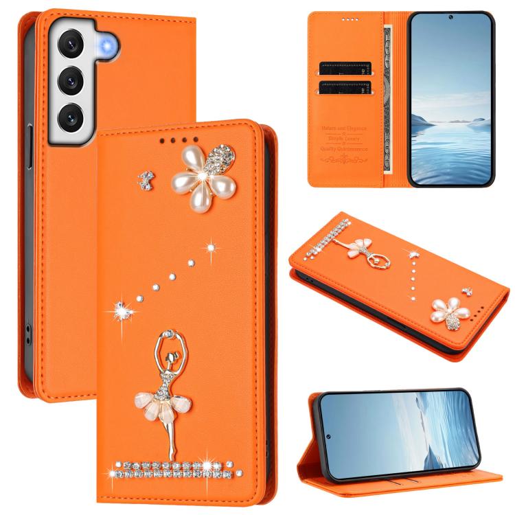 Ballet Girl Diamond Studded RFID Vegan Leather Phone Case, For Samsung Galaxy S23 Ultra 5G, For Samsung Galaxy S23+ 5G, For Samsung Galaxy S23 5G, For Samsung Galaxy S22 Ultra 5G, For Samsung Galaxy S22+ 5G, For Samsung Galaxy S22 5G