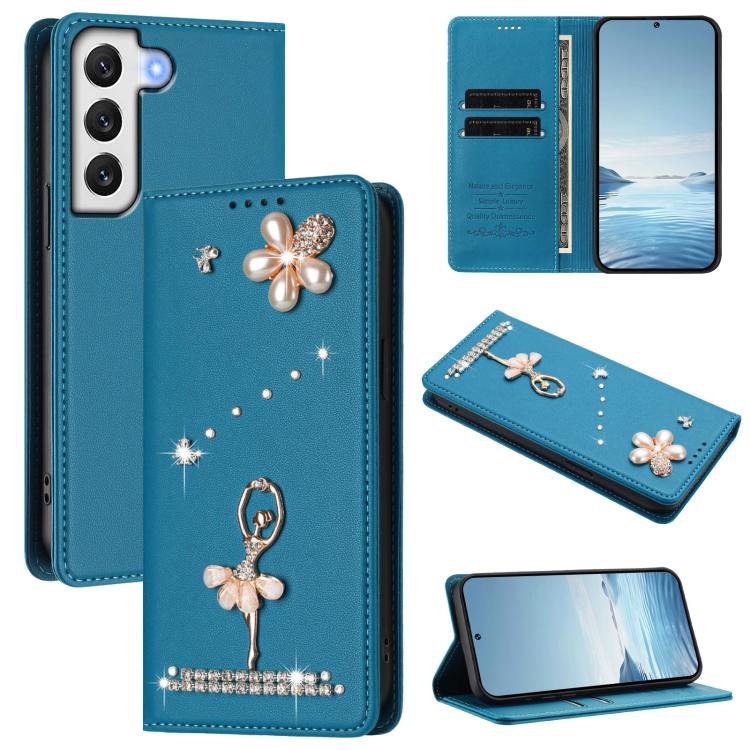 Ballet Girl Diamond Studded RFID Vegan Leather Phone Case, For Samsung Galaxy S23 Ultra 5G, For Samsung Galaxy S23+ 5G, For Samsung Galaxy S23 5G, For Samsung Galaxy S22 Ultra 5G, For Samsung Galaxy S22+ 5G, For Samsung Galaxy S22 5G