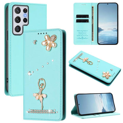 Ballet Girl Diamond Studded RFID Vegan Leather Phone Case, For Samsung Galaxy S23 Ultra 5G, For Samsung Galaxy S23+ 5G, For Samsung Galaxy S23 5G, For Samsung Galaxy S22 Ultra 5G, For Samsung Galaxy S22+ 5G, For Samsung Galaxy S22 5G